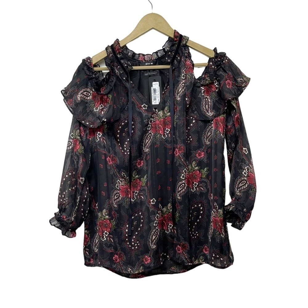 NEW Miss Me Black Red Paisley Cold Shoulder Top Size Small